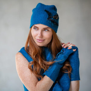 Felted hat and mittens with sequins and textured decor from wet felting video tutorial by Elena Ustinova