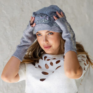 Felted hat and mittens with sequins and textured decor from wet felting video tutorial by Elena Ustinova