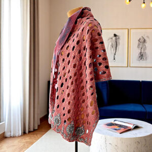 Hand-felted wool and silk wrap in dusty pink with bead embroidery and cut-out texture, elegant evening shawl for women