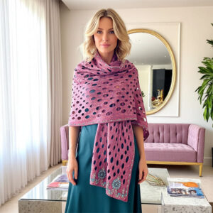 Hand-felted wool and silk wrap in dusty pink with bead embroidery and cut-out texture, elegant evening shawl for women
