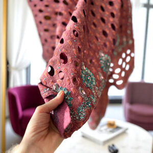 Hand-felted wool and silk wrap in dusty pink with bead embroidery and cut-out texture, elegant evening shawl for women