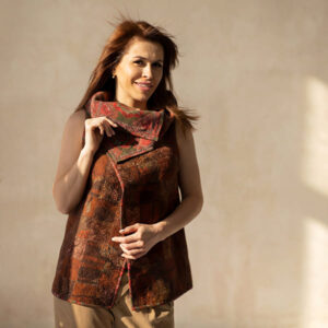 One of a kind felted wool vest in terracotta patchwork style handmade from merino wool and silk for women
