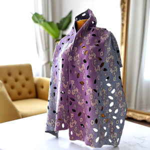Handmade wool silk shawl in gray lilac tones with floral embroidery and cut-out texture, elegant evening wrap for women
