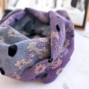 Handmade wool silk shawl in gray lilac tones with floral embroidery and cut-out texture, elegant evening wrap for women