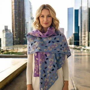 Handmade wool silk shawl in gray lilac tones with floral embroidery and cut-out texture, elegant evening wrap for women