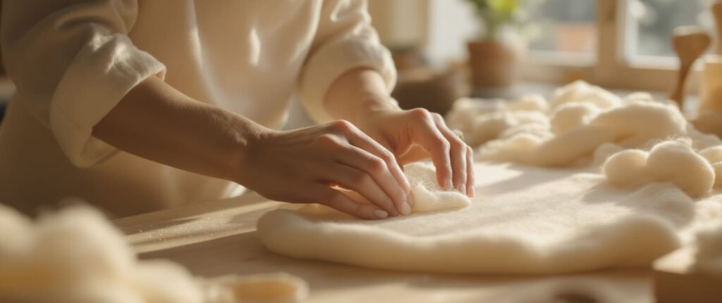 Hands of a craftswoman gently laying merino wool during wet felting process in a light-filled studio, natural Elena Ustinova craft atmosphere