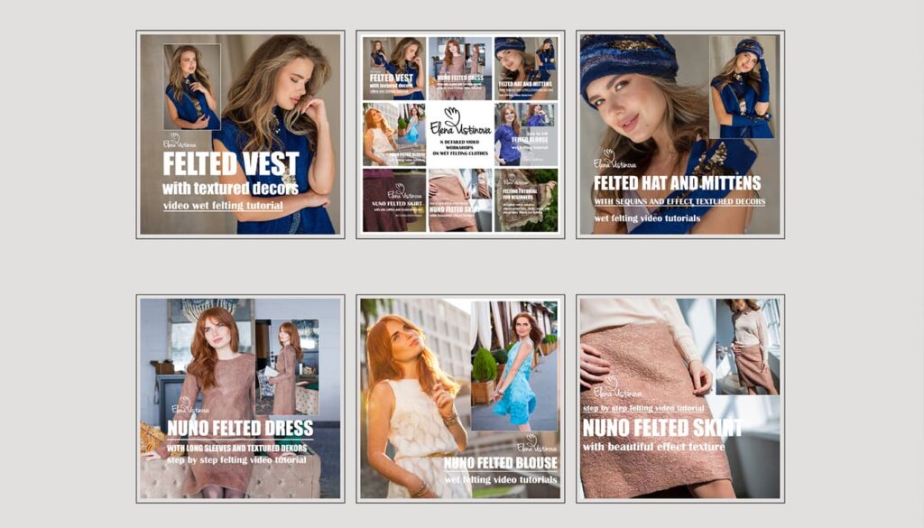 wet felting and nuno felting clothing video tutorials by Elena Ustinova – dresses, blouses, skirts, vest, hat and mittens